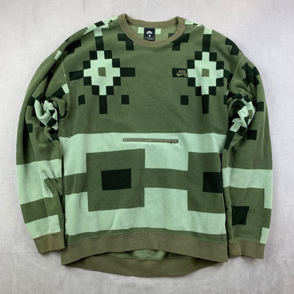 Nike SB Men Sweater Medium Green Geometric Icon Nomad Fleece Crewneck BV0877-222